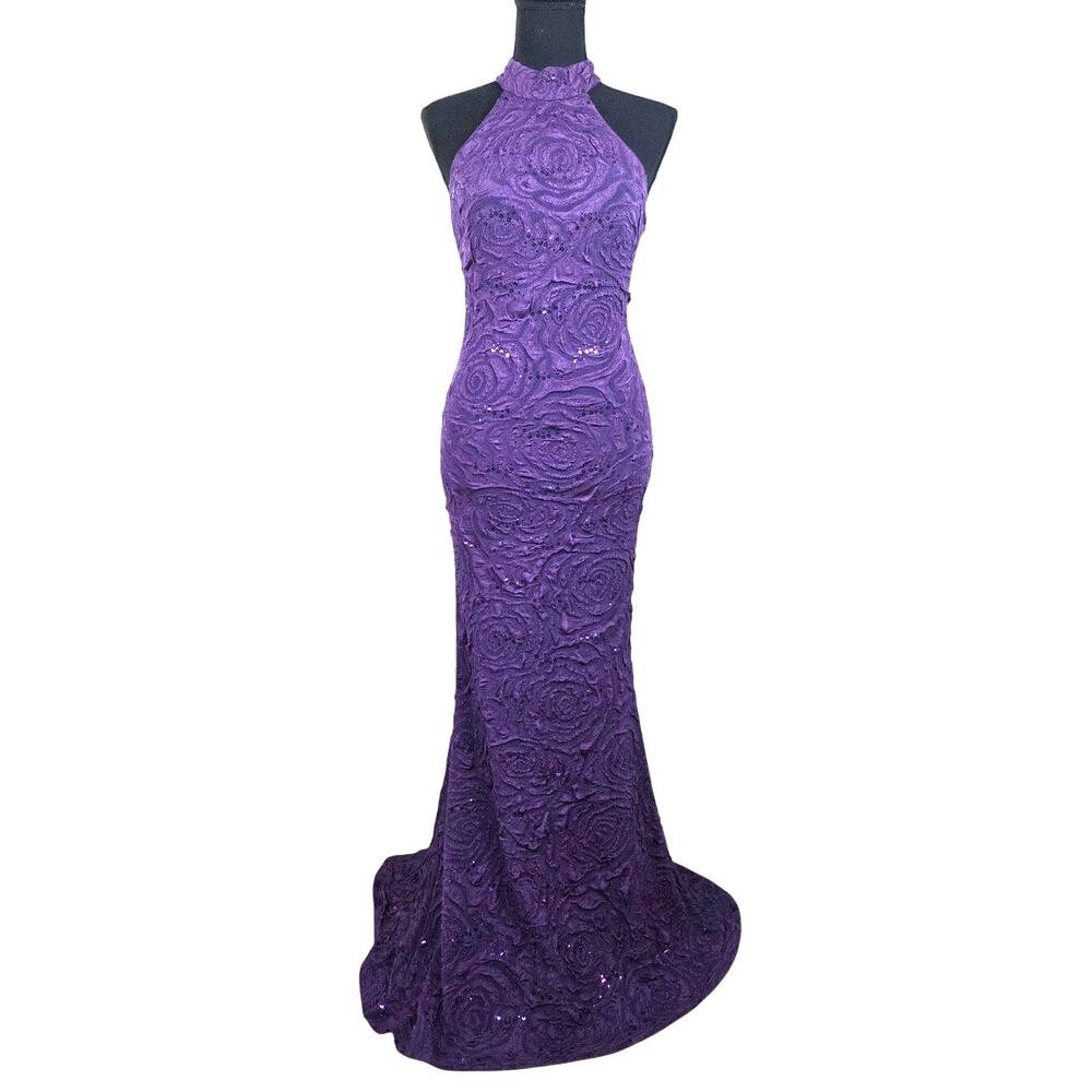 Vintage 90s Y2K Purple Mermaid Halter Dress Formal Sequin Textured Small Rose